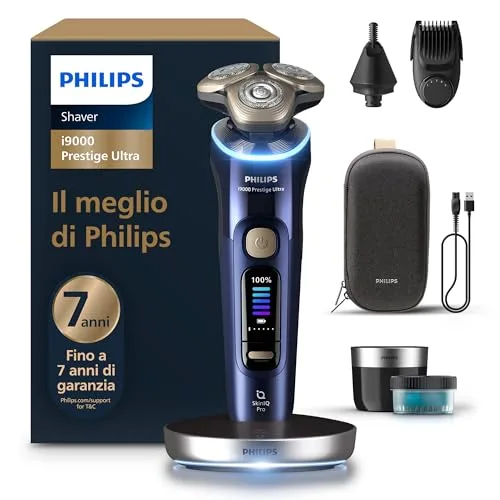 Philips Shaver i9000 Prestige Ultra, rasoio elettrico Wet & Dry, tecnologia Skin IQ Pro, triplo sistema Lift & Cut, lame di precisione NanoTech 360º, 5 modalità di rasatura, modello XP9401/38