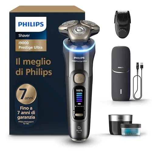 Philips Shaver i9000 Prestige Ultra, rasoio elettrico Wet & Dry, tecnologia Skin IQ Pro, triplo sistema di sollevamento e taglio, lame di precisione NanoTech 360º, 5 modalità di rasatura, XP9402/46