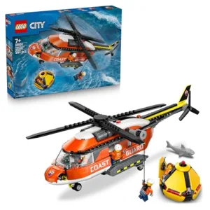 LEGO City Elicottero della Guardia Costiera Giocattolo - Veicolo di Emergenza con Porte Scorrevoli, Verricello, 4 Minifigure e Figura di Squalo - Regalo di Compleanno per Bambini da 7 Anni - 60503
