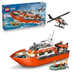 LEGO City Motoscafo di Soccorso ed Elicottero della Guardia Costiera Giocattolo - Set Veicoli di Emergenza - Modello di Nave Galleggiante, 5 Minifigure e un Cane - Regalo per Bambini da 7 Anni - 60504
