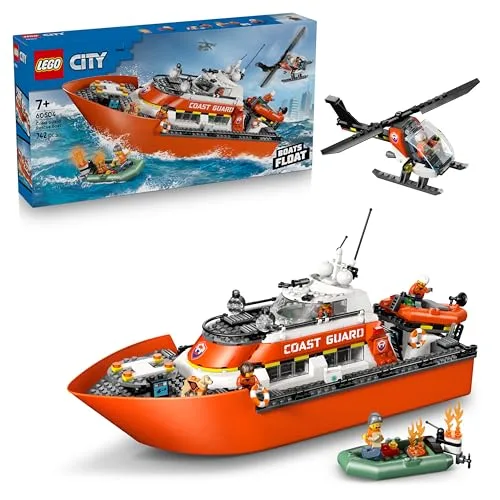 LEGO City Motoscafo di Soccorso ed Elicottero della Guardia Costiera Giocattolo - Set Veicoli di Emergenza - Modello di Nave Galleggiante, 5 Minifigure e un Cane - Regalo per Bambini da 7 Anni - 60504