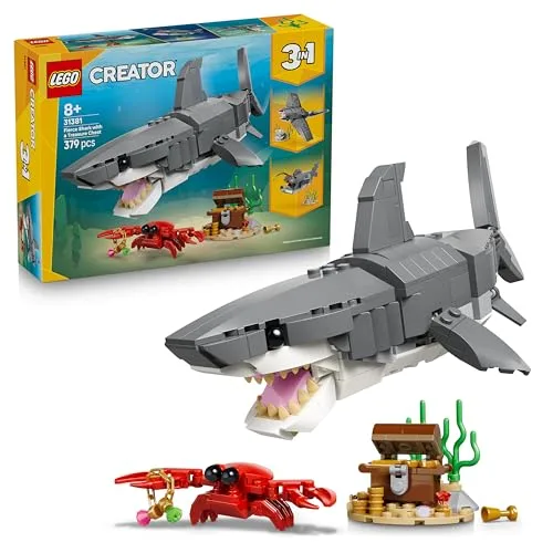 LEGO Creator 3 in 1 Squalo con Scrigno del Tesoro Giocattolo - Animale Marino Trasformabile in Rana Pescatrice o Manta - Decorazione Camera da Letto - Regalo per Bambini e Bambine da 8 Anni - 31381