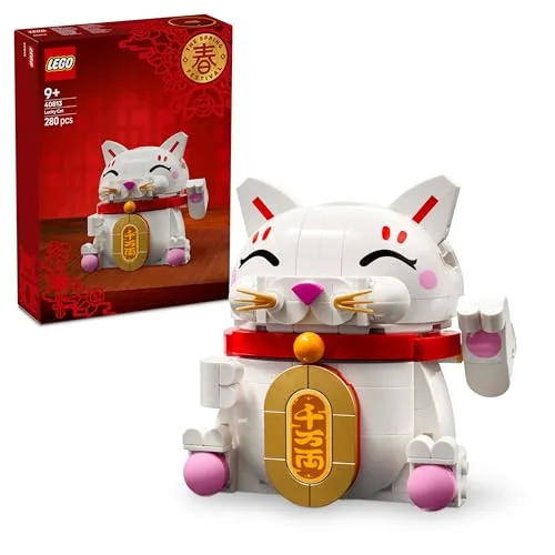 LEGO Gatto della Fortuna - Costruzioni per Adulti e Bambini - Modello da Esposizione - Animale con Zampa che Saluta, Moneta d'Oro e Decorazioni della Fortuna - Regalo per la Festa di Primavera - 40813