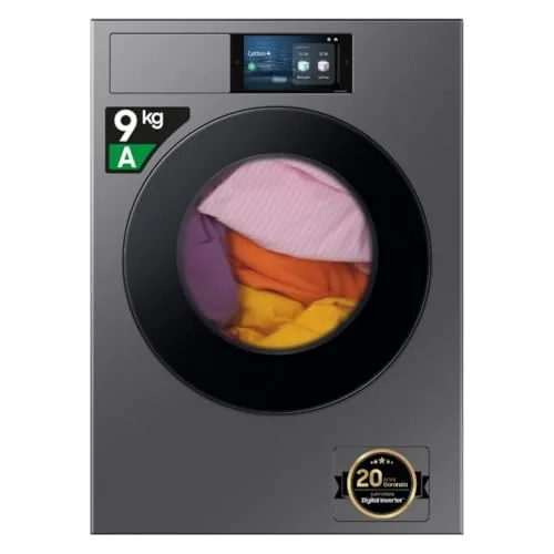 Samsung Lavatrice BESPOKE AI Laundry WF90F09C4S/U3 Libera installazione, 9 Kg, Wifi, Ecodosatore, Display AI Home, Classe Energetica A-55%, Corpo: Dark Silver Steel, Oblò: Nero, 60l x 85h x 60p cm
