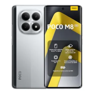 Xiaomi POCO M8 5G, Smartphone 8+256GB, Display AMOLED FIoW 6,77" 120Hz, Snapdragon® 6 Gen 3, Doppia fotocamera AI 50MP, Design curvo 3D da 7,35 mm, Argento, Garanzia 2 anni, Caricatore non incluso