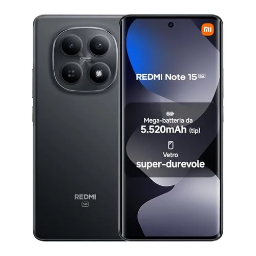 XIAOMI Redmi Note 15 5G, Smartphone 6+128GB, Design ultrasottile, Resistenza IP65, Fotocamera super nitida da 108 MP, Display FHD+ da 6,77", Nero, Garanzia 2 anni, Caricatore non incluso