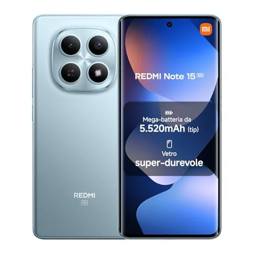XIAOMI Redmi Note 15 5G, Smartphone 6+128GB, Design ultrasottile, Resistenza IP65, Fotocamera super nitida da 108 MP, Display FHD+ da 6,77", Blu Ghiacciaio, Garanzia 2 anni, Caricatore non incluso