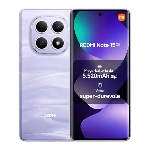 XIAOMI Redmi Note 15 5G, Smartphone 8+256GB, Design ultrasottile, Resistenza IP65, Fotocamera super nitida da 108 MP, Display FHD+ da 6,77", Viola Nebbia, Garanzia 2 anni, Caricatore non incluso