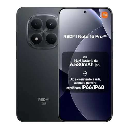 XIAOMI Redmi Note 15 Pro 5G, Smartphone 8+512GB, Batteria massiccia da 6580 mAh, IP66/IP68, Nuova fotocamera 200 MP, Display AMOLED da 6,83", Nero, Garanzia 2 anni, Caricatore non incluso