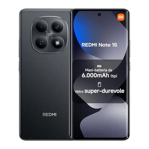 XIAOMI Redmi Note 15, Smartphone 8+128GB, Batteria da 6000 mAh, Resistenza all’acqua, Fotocamera super nitida da 108 MP, Display FHD+ da 6,77", Nero, Garanzia 2 anni, Caricatore non incluso