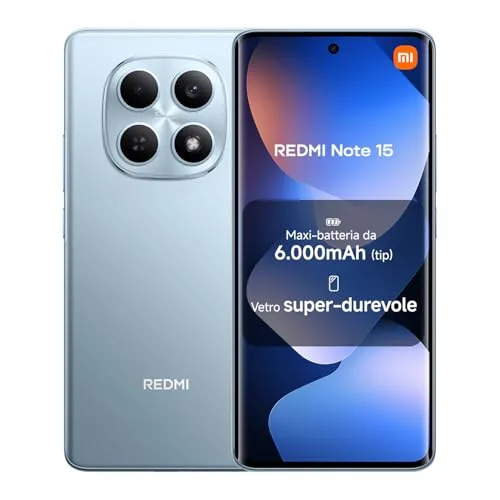 XIAOMI Redmi Note 15, Smartphone 8+256GB, Batteria da 6000 mAh, Resistenza all’acqua, Fotocamera super nitida da 108 MP, Display FHD+ da 6,77", Blu Ghiacciaio, Garanzia 2 anni, Caricatore non incluso