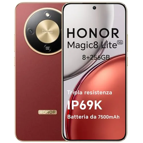 HONOR Magic8 Lite Smartphone 5G, 8+256GB, Tripla Resistenza-IP69K, 7500 mAh, Fotocamera AI 108 MP con OIS, Display AMOLED da 6.79 Pollici Cellulari, AI Intelligente, Dual SIM, NFC, Reddish Brown