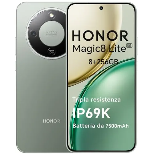 HONOR Magic8 Lite Smartphone 5G, 8+256GB, Tripla Resistenza-IP69K, 7500 mAh, Fotocamera AI 108 MP con OIS, Display AMOLED da 6.79 Pollici Cellulari, AI Intelligente, Dual SIM, NFC, Forest Green