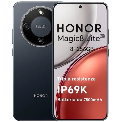 HONOR Magic8 Lite Smartphone 5G, 8+256GB, Tripla Resistenza-IP69K, 7500 mAh, Fotocamera AI 108 MP con OIS, Display AMOLED da 6.79 Pollici Cellulari, AI Intelligente, Dual SIM, NFC, Midnight Black