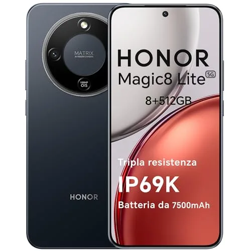 HONOR Magic8 Lite Smartphone 5G, 8+512GB, Tripla Resistenza-IP69K, 7500 mAh, Fotocamera AI 108 MP con OIS, Display AMOLED da 6.79 Pollici Cellulari, AI Intelligente, Dual SIM, NFC, Midnight Black