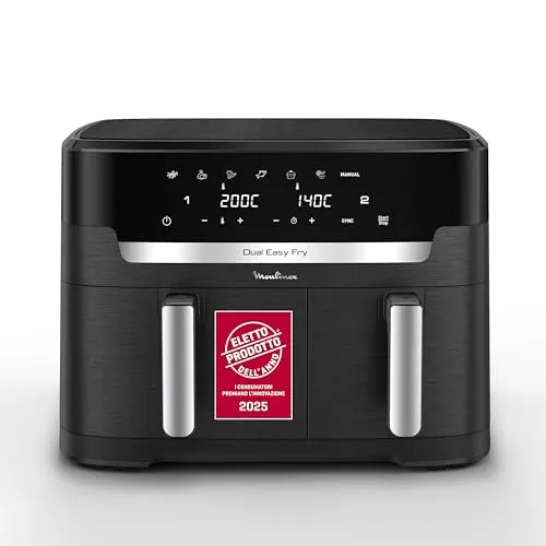 Moulinex Dual Easy Fry XXL, Friggitrice ad Aria 11 Litri, Doppio Cestello Antiaderente Lavabile in Lavastoviglie, Basso Consumo Energetico, 7 Modalità, App Ricette, Colore Nero, EZ9428