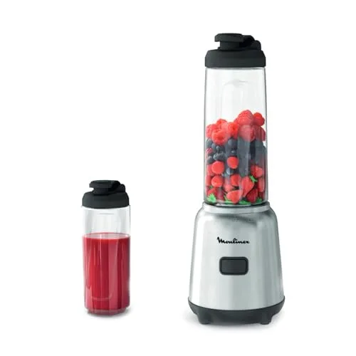 Moulinex Mix&Move Mini Frullatore Portatile, 2 bottiglie 600 ml, 300 W, Design Compatto, Lame Rimovibili, Frullatore Smoothie con Controllo Semplice, Argento, LM15FD