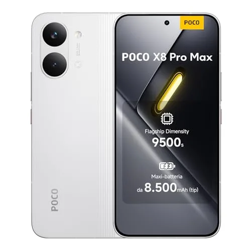 POCO X8 Pro Max, Smartphone 12+256GB, Dimensity 9500s, Batteria 8500mAh (typ), Display AMOLED ultra luminoso, Fotocamera da 50MP con OIS, Bianco, Garanzia 2 anni+1 anno extra, Caricatore non incluso