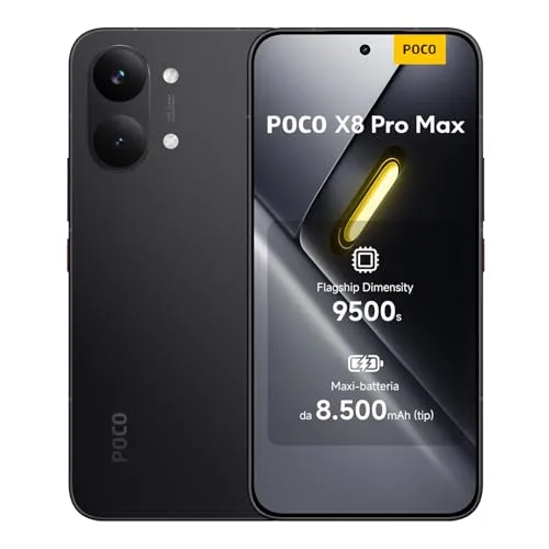 POCO X8 Pro Max, Smartphone 12+256GB, Dimensity 9500s, Batteria 8500mAh (typ), Display AMOLED ultra luminoso, Fotocamera da 50MP con OIS, Nero, Garanzia 2 anni+1 anno extra, Caricatore non incluso