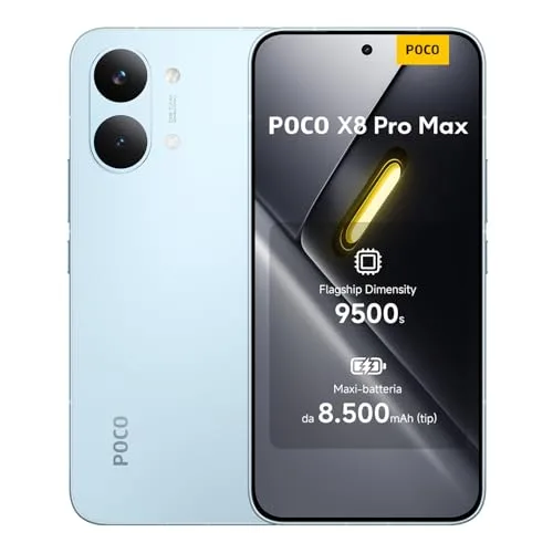 POCO X8 Pro Max, Smartphone 12+512GB, Dimensity 9500s, Batteria 8500mAh (typ), Display AMOLED ultra luminoso, Fotocamera da 50MP con OIS, Blu, Garanzia 2 anni+1 anno extra, Caricatore non incluso