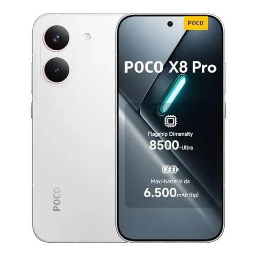 POCO X8 Pro, Smartphone 8+256GB, Dimensity 8500-Ultra, Batteria 6500mAh (typ), Display AMOLED ultra luminoso, Fotocamera 50MP con OIS, Bianco, Garanzia 2 anni+1 anno extra, Caricatore non incluso