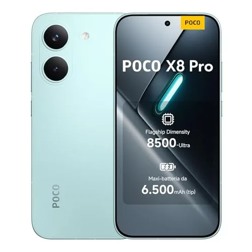 POCO X8 Pro, Smartphone 8+512GB, Dimensity 8500-Ultra, Batteria 6500mAh (typ), Display AMOLED ultra luminoso, Fotocamera 50MP con OIS, Verde, Garanzia 2 anni+1 anno extra, Caricatore non incluso