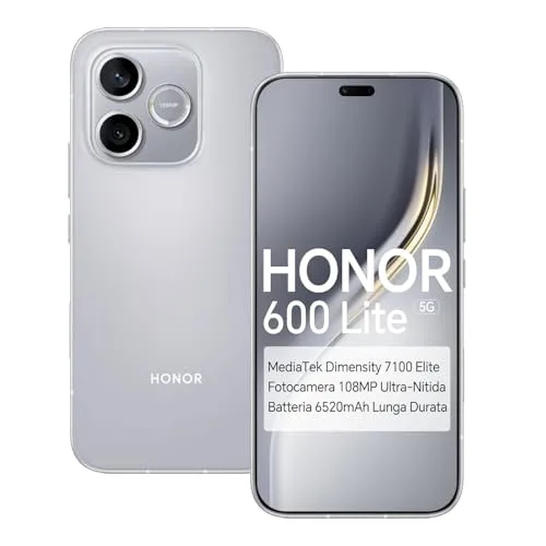 HONOR 600 Lite 5G Smartphone, MediaTek Dimensity 7100 Elite, Schermo AMOLED 6,6", Batteria 6520mAh, Fotocamera principale 108M, IP66 Impermeabile e Antipolvere (Grigio, 256, GB, 8, GB)