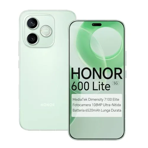 HONOR 600 Lite 5G Smartphone, MediaTek Dimensity 7100 Elite, Schermo AMOLED 6,6", Batteria 6520mAh, Fotocamera principale 108M, IP66 Impermeabile e Antipolvere (Verde, 256, GB, 8, GB)