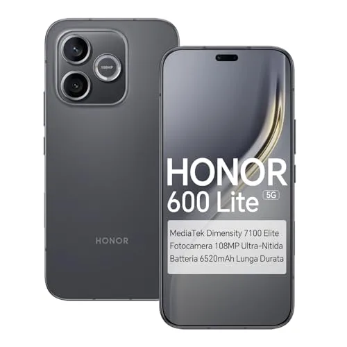 HONOR 600 Lite 5G Smartphone, MediaTek Dimensity 7100 Elite, Schermo AMOLED 6,6", Batteria 6520mAh, Fotocamera principale 108M, IP66 Impermeabile e Antipolvere (Nero, 256, GB, 8, GB)