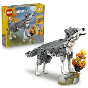 LEGO Creator 3 in 1 Animali della Foresta: Lupo Grigio - Animale Giocattolo Trasformabile in Falco o Procione - Decorazione Cameretta - Regalo di Compleanno per Bambine e Bambini da 8 Anni - 31393