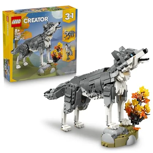 LEGO Creator 3 in 1 Animali della Foresta: Lupo Grigio - Animale Giocattolo Trasformabile in Falco o Procione - Decorazione Cameretta - Regalo di Compleanno per Bambine e Bambini da 8 Anni - 31393