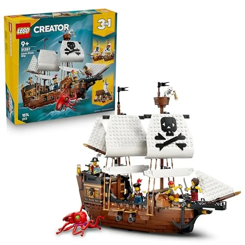 LEGO Creator 3 in 1 Iconica Nave da Pirata - Giocattolo Trasformabile in Castello o in 2 Barche Gemelle - Decorazione per la Cameretta - Regalo di compleanno per Bambini e Bambine da 9 Anni - 31387