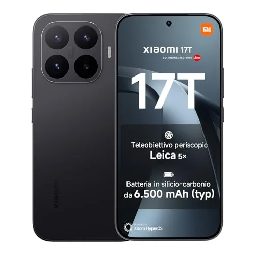 XIAOMI 17T, Smartphone 12+256GB, Display Eye-Care da 6,59" 120Hz, Batteria da 6500mAh (typ), Teleobiettivo Leica 5x, 67W HyperCharge, MediaTek Dimensity 9500, Black, Garanzia 2 anni+1 anno extra