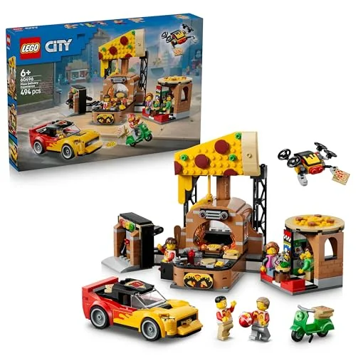 LEGO City Centro di Consegna Pizze con Veicoli - Include Macchina Giocattolo, Scooter, Drone, Cabinato Arcade e 4 Minifigure - Idea Regalo di Compleanno per Bambini da 6 Anni in su - 60496