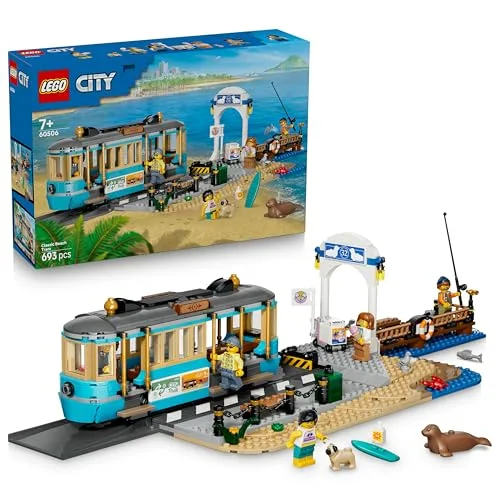 LEGO City Classic Tram Classico della Spiaggia - Treno Giocattolo con Binari, Scena di Strada, 5 Minifigure e 5 Figure di Animali - Idea Regalo di Compleanno per Bambini da 7 Anni in su - 60506