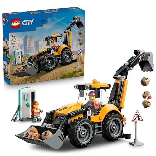 LEGO City Scavatrice da Cantiere Gialla - Veicolo Giocattolo da Cantiere - Trattore con 2 Minifigure, Benna Anteriore e Braccio Scavatore Funzionanti - Idea Regalo per Bambini da 7 Anni in su - 60480