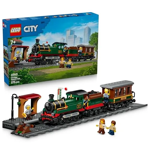 LEGO City Treno a Vapore Vintage Giocattolo - Kit di Modellismo STEM con Stazione, Binari, Cabina di Comando, Segnale di Stop e 5 Minifigure - Regalo di Compleanno per Bambini da 7 Anni in su - 60511