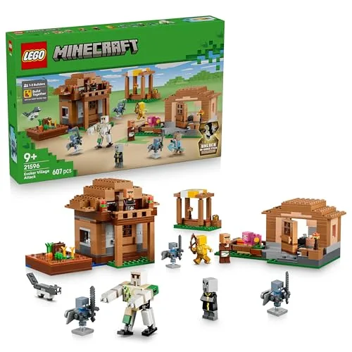 LEGO Minecraft Attacco al Villaggio dell’Evocatore - Casa Giocattolo con Giardino e 11 Personaggi tra cui Villico Muratore e Golem di Ferro - Decorazione Cameretta - Regalo per Gamer da 9 Anni - 21596