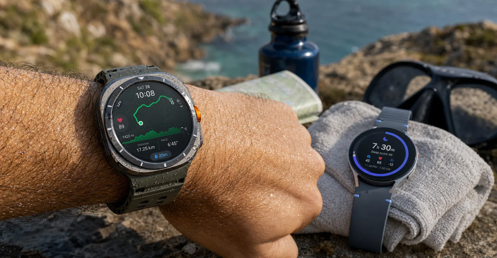 Immagine editoriale che rappresenta: Samsung spinge Galaxy Watch Ultra2 verso sport estremi e immersioni, mentre Watch9 punta sull’uso quotidiano