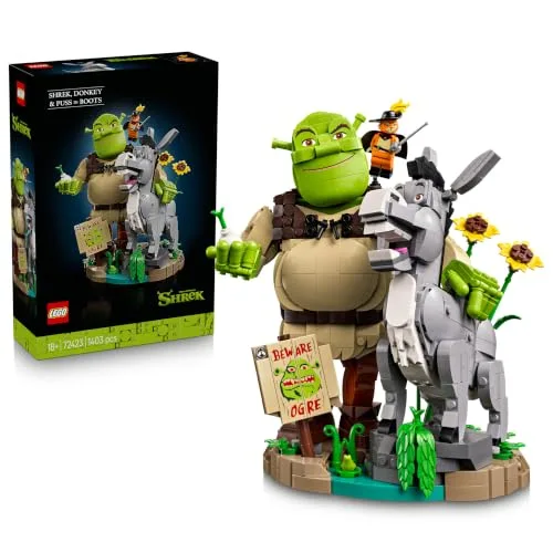 LEGO Shrek, Ciuchino e Gatto con gli Stivali - Kit Modellismo Cinematografico per Adulti - Set da Esposizione con 3 Personaggi - Decorazione per Scrivania o Mensola - Regalo per i Fan dei Film - 72423