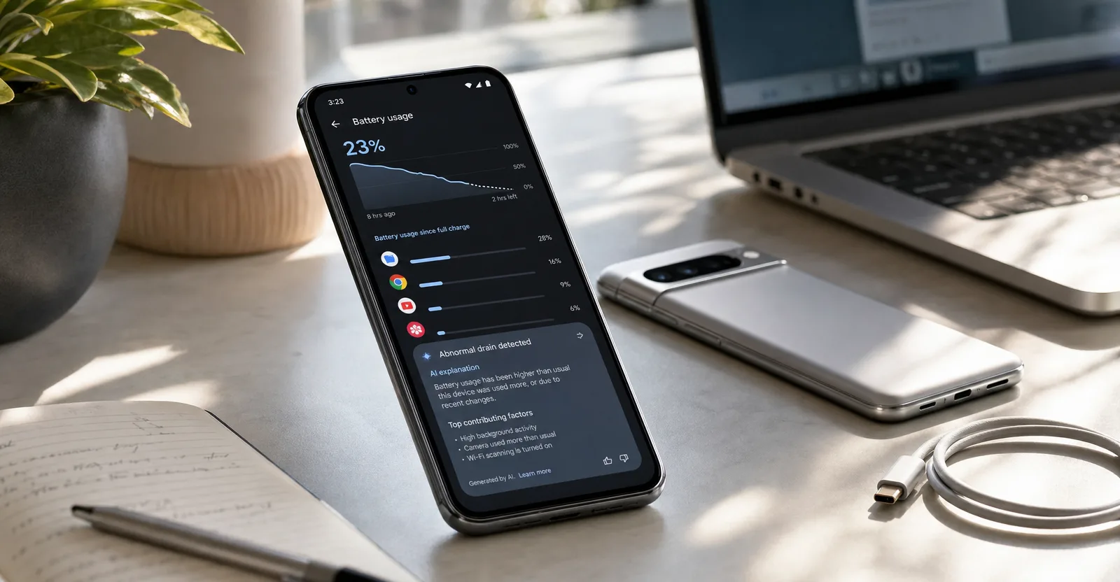 Immagine editoriale che rappresenta: Pixel 11 potrebbe usare Gemini per spiegare i consumi anomali della batteria