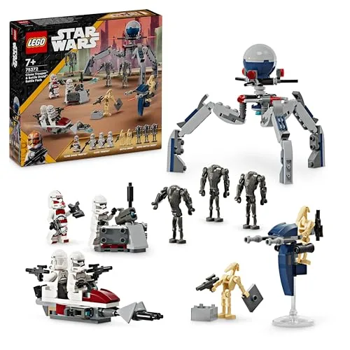 LEGO Star Wars Battle Pack Clone Trooper e Battle Droid Set da Battaglia con Veicolo Giocattolo Speeder Bike, Tri-Droide e Postazione Difensiva, Regalo per Bambini e Bambine da 7 Anni in su 75372