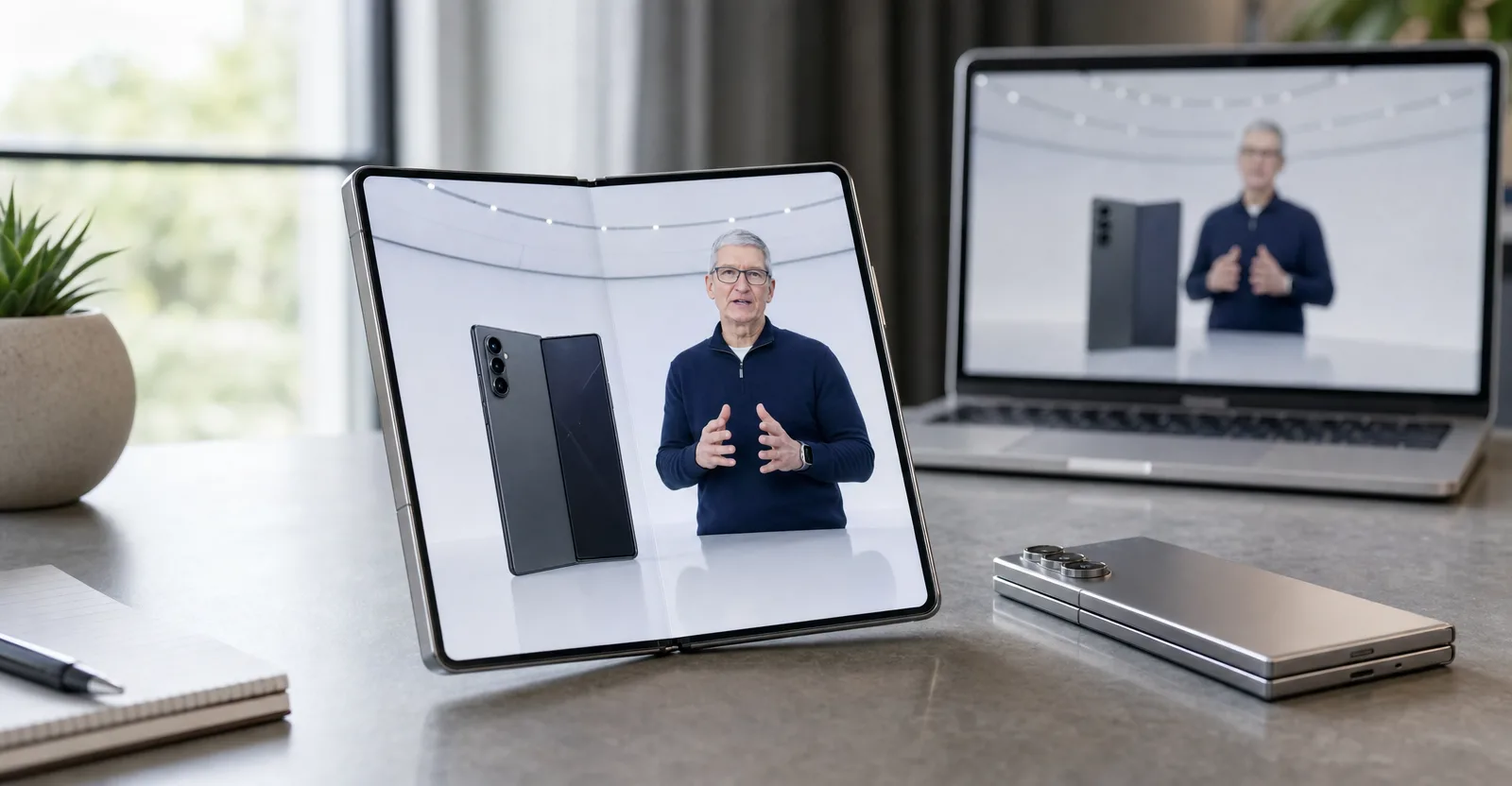 Immagine editoriale che rappresenta: Samsung punge Apple sull’iPhone Duo con un finto Tim Cook nello spot del Galaxy Z Fold 8